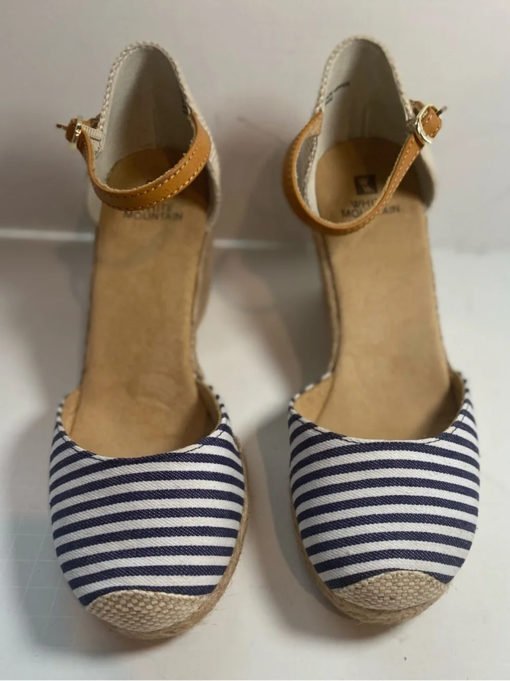 White Mountain~Navy/White Striped Cotton Canvas~Espadrille~Wedge~Sandal~Size 8.5